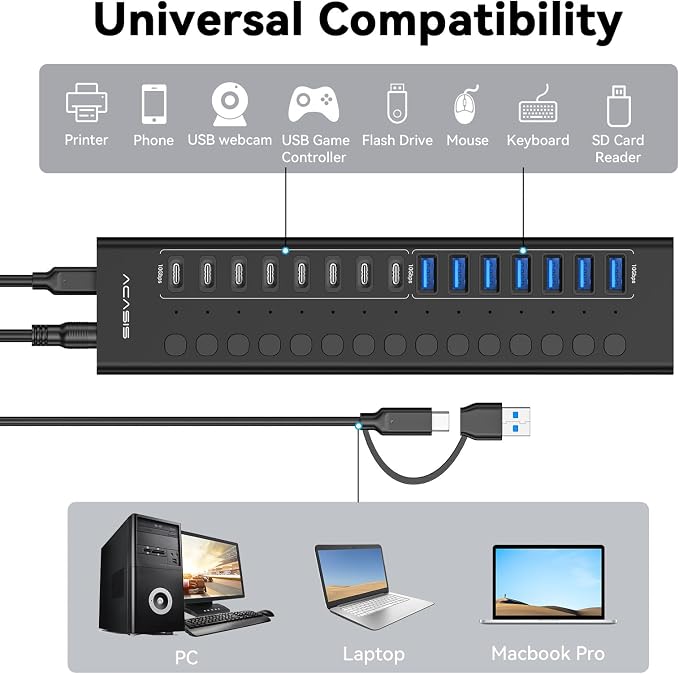 Powered USB 3.2 Hub, ACASIS 16 Ports USB 3.2 Hub(8 USB-A 3.2 Ports+8 USB-C 3.2 Ports), Aluminum USB Hub Powered with 96W Power Adapter, USB Hub for PC/Laptop, Computer, Flash Drive, Printer, Camera