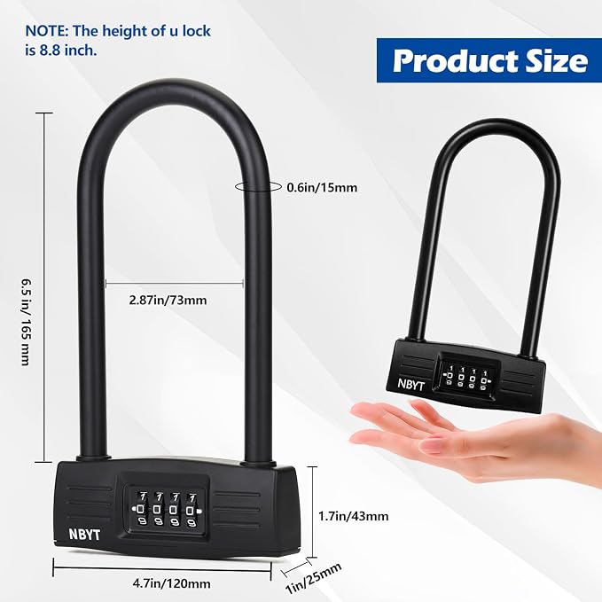 Bike Lock u Lock Combination,Resettable Code,Long Shackle,Heavy Duty Padlock for Bicycle, Scooter,Motorcycles, Metal Fence Gate,Pool Door,Anti Theft.