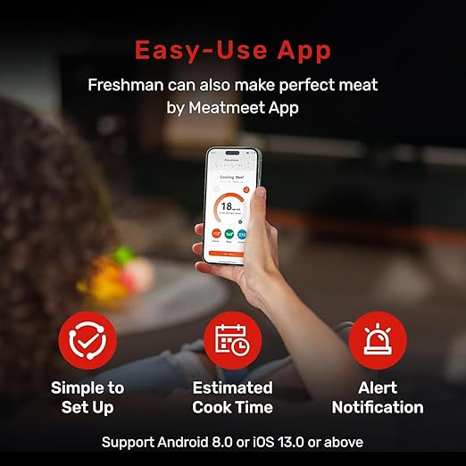 WiFi Wireless Bluetooth Meat Thermometer Digital, Smart AI Powered Cooking Thermomer with APP Control, IP67 Waterproof Meat Probe for BBQ, Oven, Grill, Smoker (Pro)