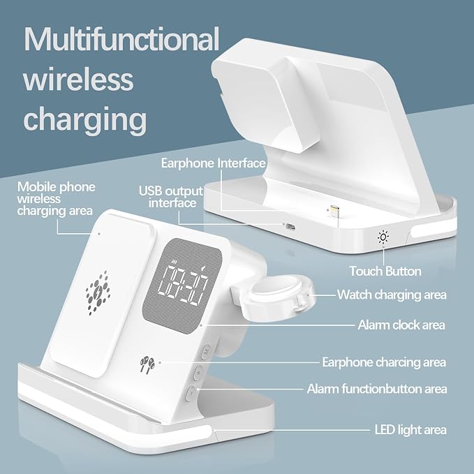 3-in-1 Wireless Charging Station with Digital Alarm Clock, Dimmable Night Light & 15W Fast Charge | All-in-One Bedside Dock for Qi Phones, Smart Watches, Wireless Earbuds, B22 White.