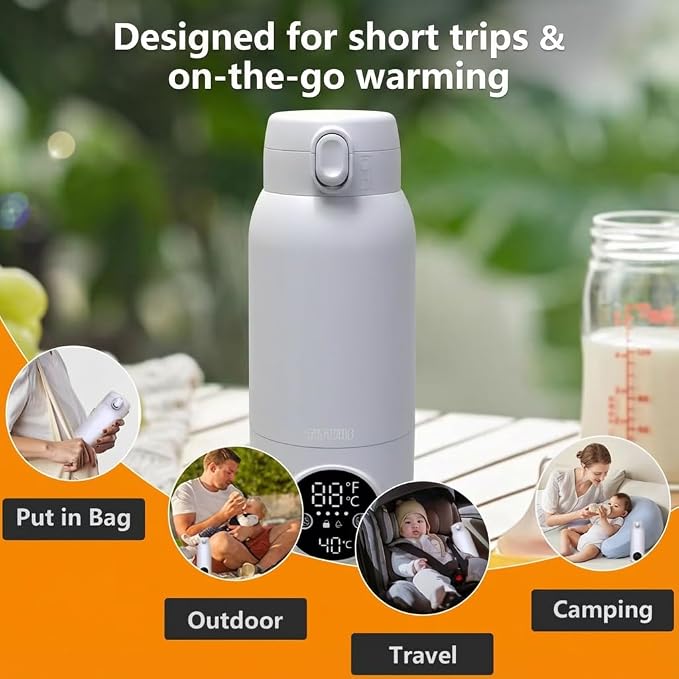 Portable Bottle Warmer, 17oz Milk & Water Warmer for Travel, Efficient Heating with Preset Temperature, PD Fast Charging, IPX6 Rinseable