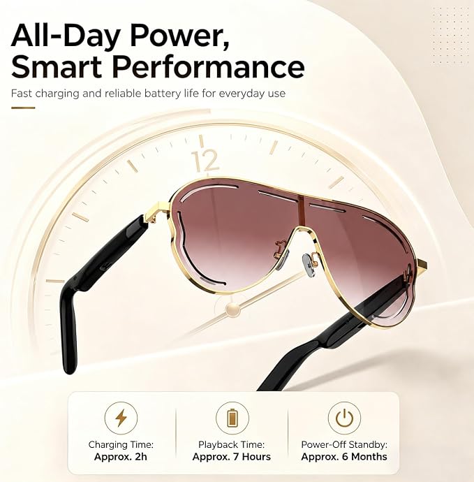 Smart Glasses for Women Men, Open Ear Audio, 7H Playtime, Mic & Speakers | Bluetooth Sunglasses, Touch Control for Sports Driving, Bilateral Power-On, Large Frame, Eye Care for Outdoor