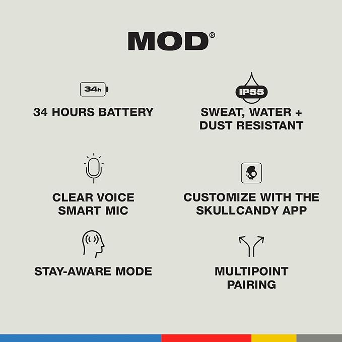 Skullcandy Mod Wireless Earbuds, Bluetooth Headphones, Up to 32 Hours Battery, Noise Isolating Fit, Sweat and Water Resistant, Microphone for iPhone Android - Light Grey/Blue