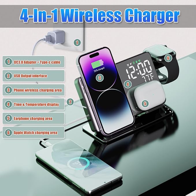 4-in-1 Wireless Charging Station for Apple Devices, 18W Fast Charge Wireless Charger Alarm Clock and Temperature Display, Wireless Charger Stand for iPhone 17 16 15 14 13 12, Apple Watch