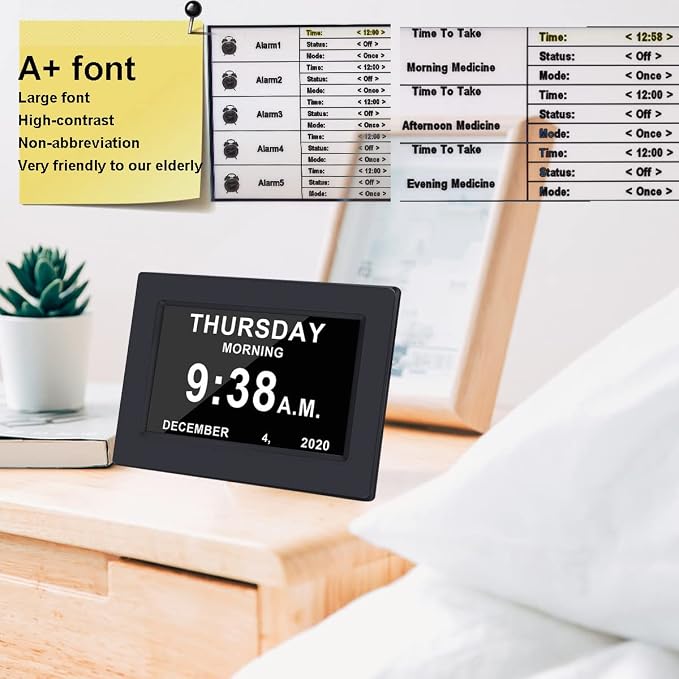 AINFTIME DST Clock with Day and Date for Elderly-3 Display Digital Calendar Alarm Day Dementia Alzheimers Clock with Extra Large Display (7in Black)