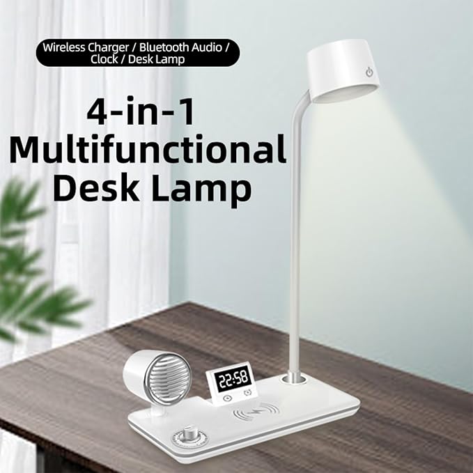 All-in-One Bedside Lamp with Wireless Charger, Digital Clock, Bluetooth Speaker & Adjustable Lighting - 15W Fast Wireless Charging, Dimmable 3 Color Modes, Flexible Gooseneck,HYT-1772 White.