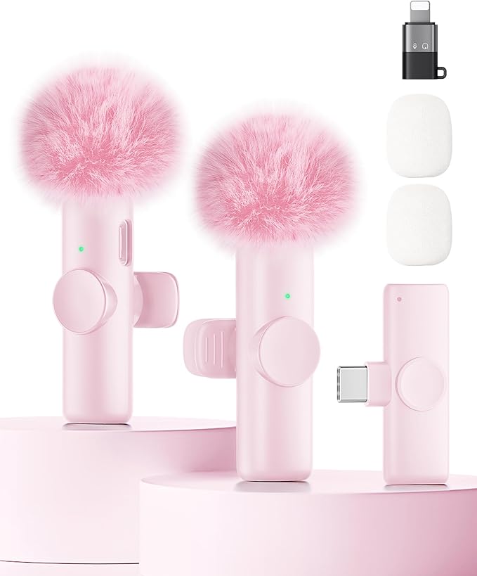 Wireless Microphone for iPhone iPad and Android Phone, 2 Pack Wireless Lavalier Lapel Mic with Noise Reduction, Plug and Play Mini Microphone for Video Recording Interview YouTube TikTok Vlog (Pink)