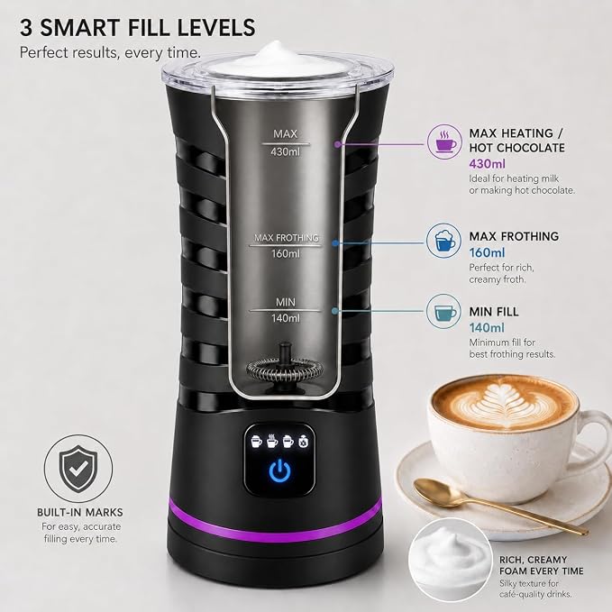 Milk Frother and Steamer, Large Capacity 4-in-1 Electric Milk Frother with Touchscreen, Hot & Cold Foam Maker, Milk Warmer and Hot Chocolate Maker for Latte, Cappuccino, Macchiato,Black