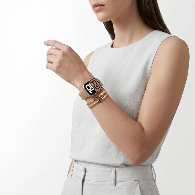 V-MORO Lightweight Bands Compatible with Apple Watch Series 11/10/9/8/7 38/40/41/42mm Fashion Bracelet Band Rose Gold Stainless Steel Buckle Watch Strap for iwatch Series SE/6/5/4/3/2/1,Caramel