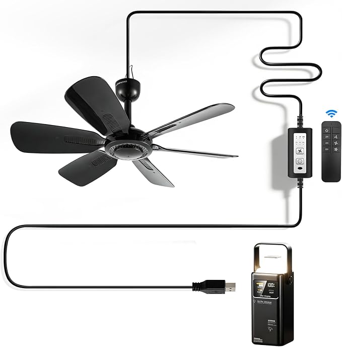 Portable Ceiling Fan, USB Plug-In, 5V DC Powered, 6 Blades, Indoor/Outdoor RV Camping Tent Canopy, Hanging, Quiet Operation (with power bank)