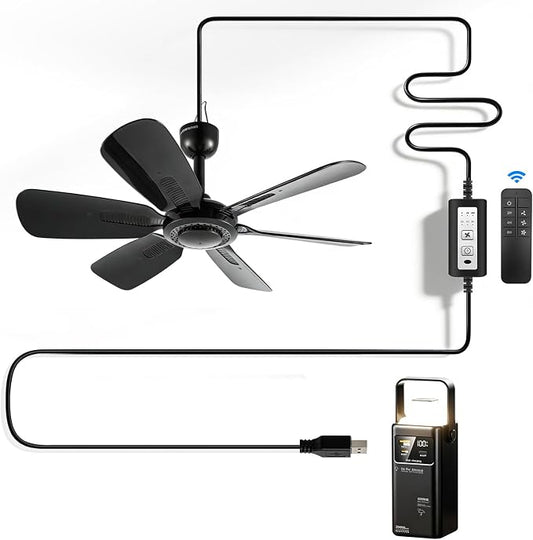 Portable Ceiling Fan, USB Plug-In, 5V DC Powered, 6 Blades, Indoor/Outdoor RV Camping Tent Canopy, Hanging, Quiet Operation (with power bank)
