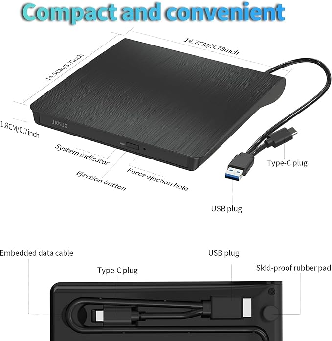 External CD DVD Drive,USB 3.0 and Type-C CD DVD Disc Reader Writer Burner Player,Slim and Portable CD DVD +/-RW Optical Drive for PC Laptop Desktop MacBook Mac Windows 7/8.1/10/11 Linux OS Apple