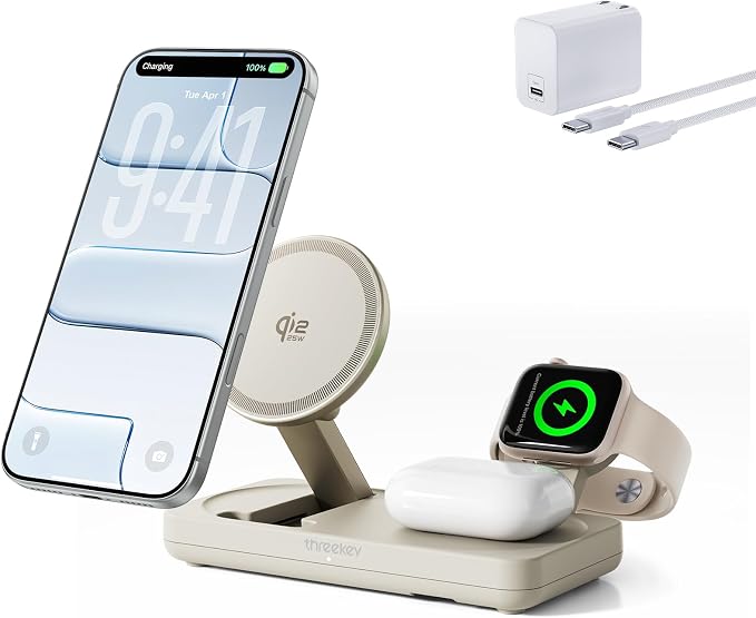 THREEKEY 3 in 1 Qi2 Wireless Charging Station, 25W Magnetic Charger with MFi-Certified Apple Watch Module for iPhone 17/16/15/14/13/12, AirPods, Pixel 10 Pro XL, 45W Adapter