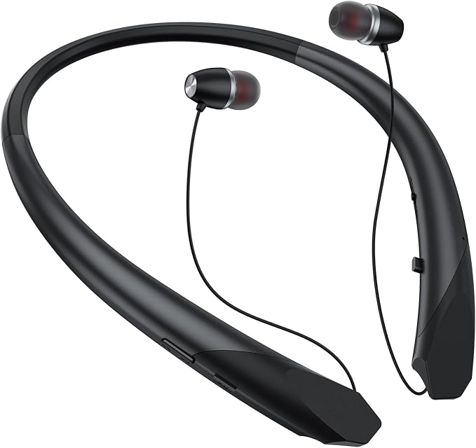 Bluetooth Headphones Retractable Neckband, Bluetooth Headset Wireless Earbuds with Microphone Vibration Call, Stereo Noise Cancelling Earphones (Black)