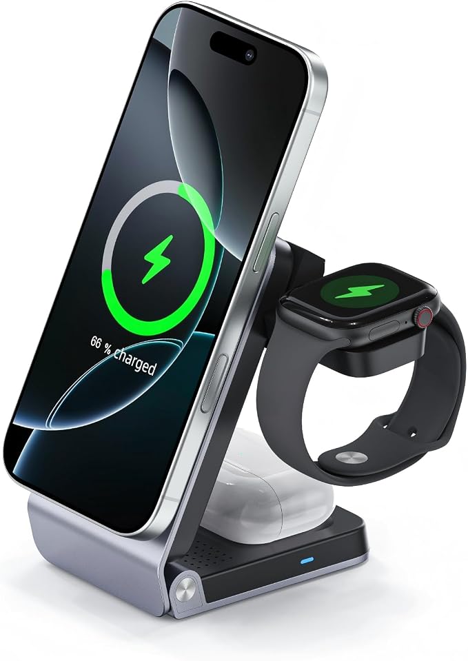 Travel Wireless Charger, 3-in-1 Charging Station, 25W Wireless Charger, Foldable,TEC Active Cooling, for iPhone 17/16, Apple Watch, AirPods(Within 2C1A Charger+6Ft Cable)