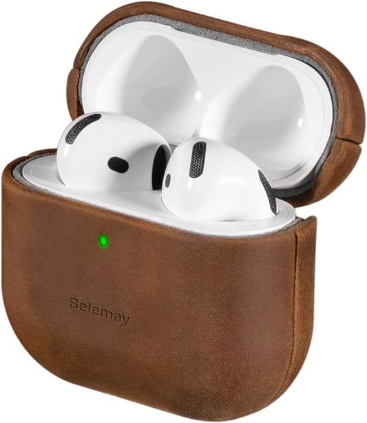 Belemay Handcrafted Crazy Horse Leather Case for AirPods 4 (2024), Vintage Aesthetic, Two-Tone Effect, Unique Patina, Compatible with MagSafe, Compatible with Airpods 4th Gen, Rustic Brown