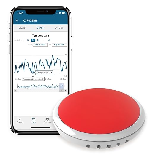 Disc Maxi Temperature Sensor and Logger for iPhone & Android, Bluetooth Compatible, Remote Wireless Thermometer, Long Range, Large Memory, Unlimited Data Export, USA Developed and Supported