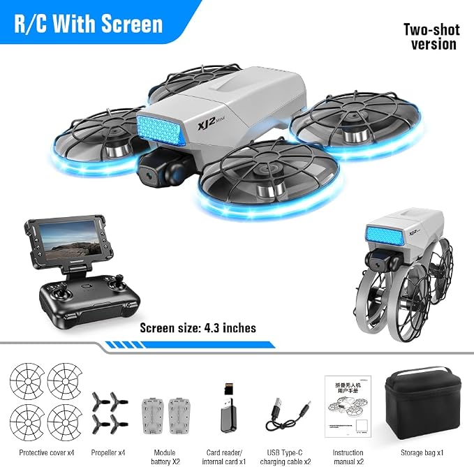 HD Camera Drone with LED Body Lights Foldable Screen Controller Brushless Motor RC Quadcopter Headless Mode 360° Flips, Under 250g Lightweight Portable Drones for Adults Beginners Outdoor Travel Video