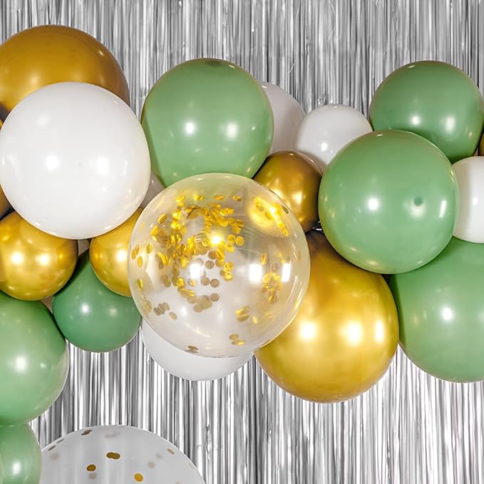 Restaurantware-Balloonify Balloon Garland Set, 1 Party Decoration Kit - 117 Balloons, With Chain, Green, White, & Gold Latex Balloon Arch Kit, Includes Glue Dots