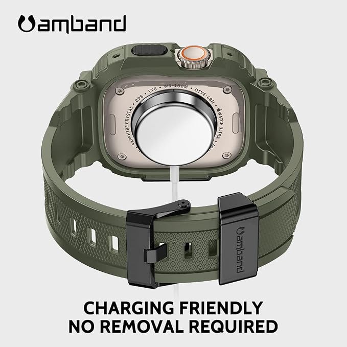 amBand Bands Case Screen Protector Compatible with Apple Watch Ultra 3/2/1 49mm, M1 Sport Series Rugged Cover Strap and 9H Tempered Glass Film, Protective Bumper for iWatch 49 mm Men Army Green