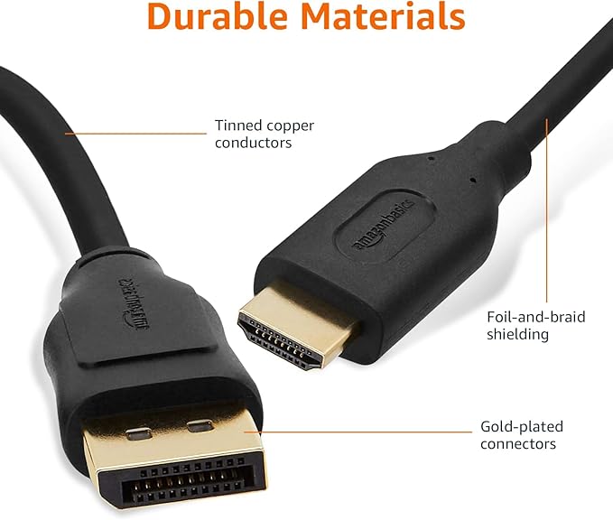 Amazon Basics DisplayPort to HDMI Cable, Uni-Directional, 4k@30Hz, 1920x1200, 1080P Full HD, Gold-Plated Plugs, 15 Foot, Black (Pack of 2)
