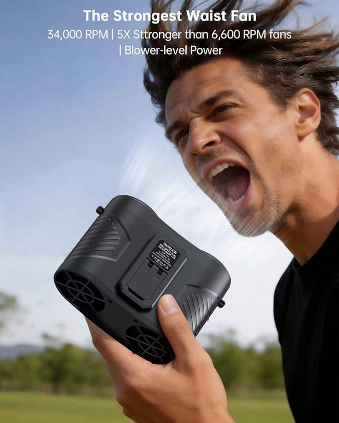 Dual Motor Wearable Waist Fan, 34000RPM Super Strong Airflow, Multifunctional Clip On Fan for Belt/Body/Shirt/Undershirt/Hip, Hands-Free Personal Cooling Fan for Outdoor Stadium/Work/Camping/Gardening