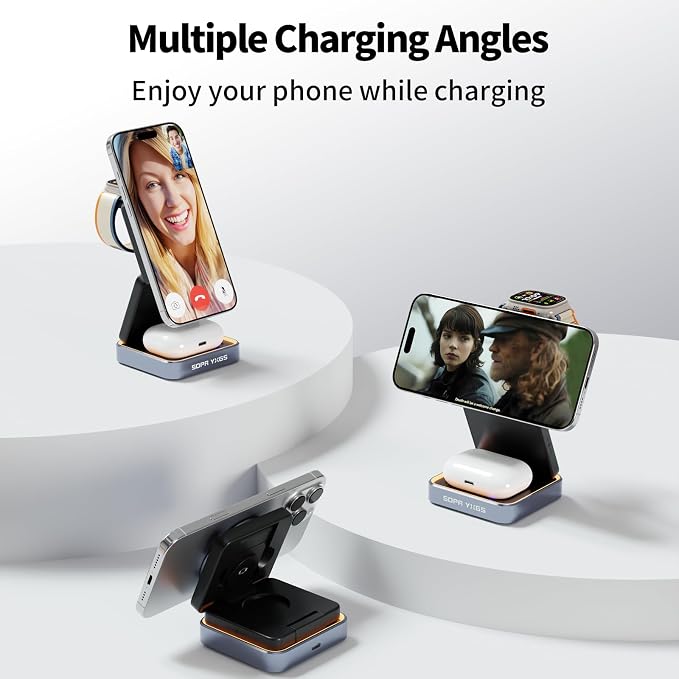 【2026 Upgraded】 Magnetic Wireless Charger 3 in 1, Foldable Charging Station with Night Light for Apple MagSafe Charger, Travel Charger Stand, Nightstand Fast 15W Charging Station (with Adapter)
