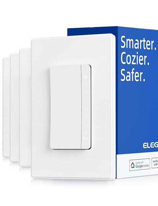 ELEGRP Single Pole Smart Dimmer Light Switch DPR10, 2.4GHz Wi-Fi Dimmer Switch Compatible with Alexa and Google Assistant, Needs Neutral Wire, No Hub Required, UL Listed, Matte White, 4 Pack