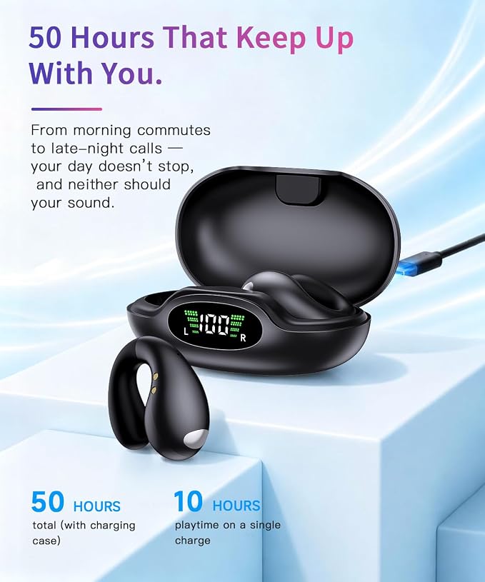 Upgraded Ultra Open Ear Earbuds - Lightweight Comfort Clip-On Wireless Bone Conduction Earbuds, Secure Fit & AI-Powered Clear Calls Bluetooth Open Ear Headphones for Work,Commute,Workout, Black