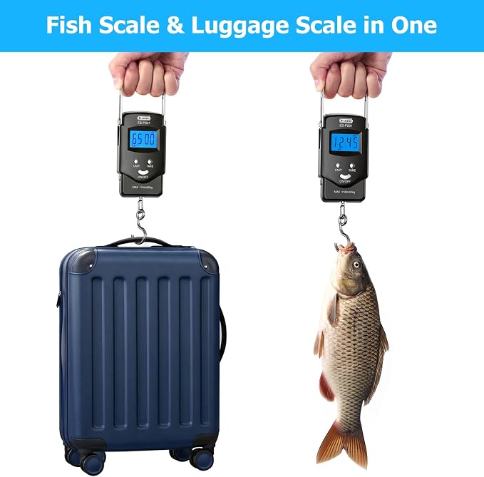Dr.meter Fish Scale Luggage Scale Fishing Gear - 110lb Backlit LCD Display Digital Scale with Built-in Measuring Tape - Fishing Scale with 2 AAA Batteries, Pocket Size - Fishing Gifts for Men