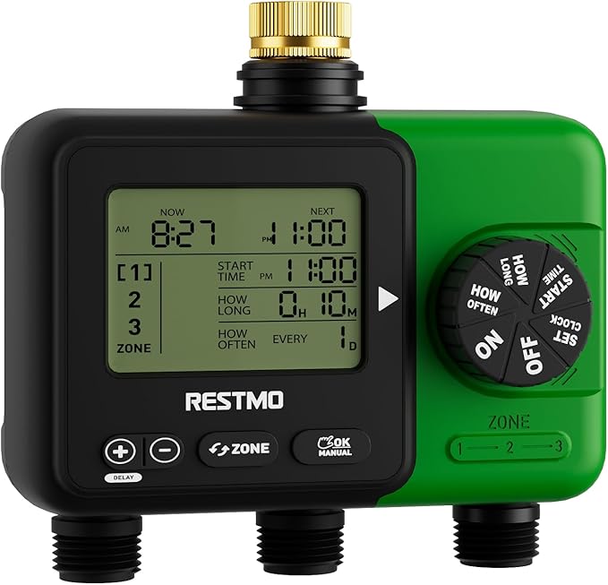 RESTMO Sprinkler Timer for Outdoor Hose Faucet 3 Zone, Up to 9h59m Programmable Watering Timer for Soaker Hose, Filling, Misting with Brass Inlet, Rain Delay/Manual/Automatic Irrigation System