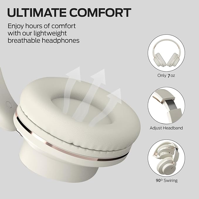 Foldable Bluetooth Headphones with Hidden Mic, Portable Over-Ear Wireless Headphones for Cell Phone, PC, Laptop, Suitable for Music, School, Workouts, and Gaming (White)