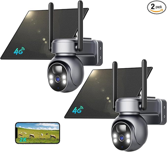 LIWAN 4G LTE Cellular Solar Security Camera Wireless Outdoor, No WiFi Security Camera, Cameras Without WiFi Needed, 2K Color Night Vision, PIR Motion Sensor, 2 Way Talk, Built in SIM Card, 2 Pack