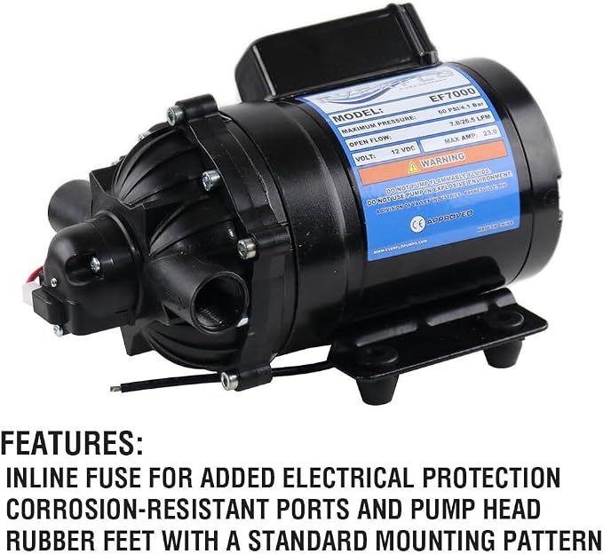 Everflo EF7000-BOX 7.0 GPM 12V Diaphragm Pump-1/2 FNPT Ports, Black