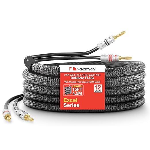 Nakamichi Excel Series 24k Gold Plated Banana Plugs with Speaker Cable Wire 99.9% Oxygen-Free Copper (OFC) Heavy Duty Braided for Amplifier Hi-Fi Home Theatre - Black (12 AWG / 15 feet / 4.5m)