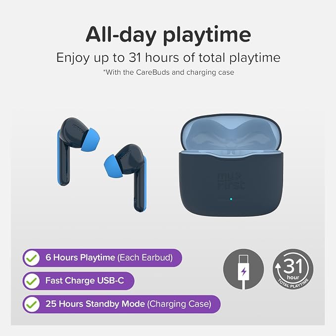 myFirst CareBuds Kids Wireless Earbuds, Bluetooth 5.3 85dB Volume Limiting Earbuds for Kids Ages 3-12 Safe Hearing Protection, 36H Playtime, Small Ear Fit, IPX4 Waterproof, Easy Pairing