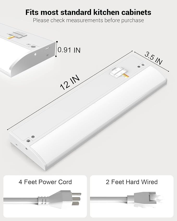 12 Inch LED Under Cabinet Light, Plug in Kitchen Lighting, 3CCT Selectable (3000K/4000K/5000K), CRI94 High Color Accuracy, Linkable, Slim Design, Matte White