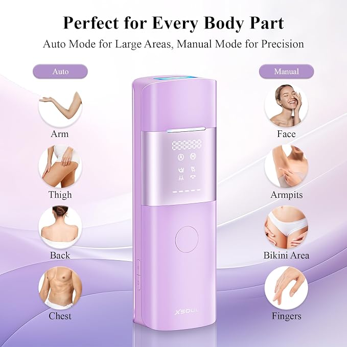 Xsoul IPL Laser Hair Removal with Cooling, Painless Hair Removal Device for Women & Men, At-Home Permanent Hair Removal, Ideal for Armpits, Legs, Face & Bikini, Purple
