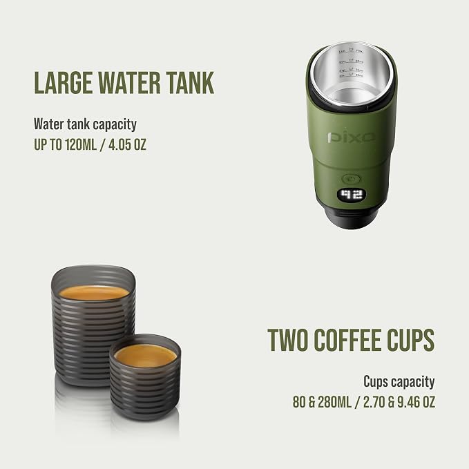 WACACO PIXAPRESSO, Coffee Machine Electric & Portable, With 4 Coffee Types & Fast Heat-Up, 3 * 3000mAh Battery, 20 Bar Portable Espresso Maker For Ground Coffee & NS Capsule, Olive Green