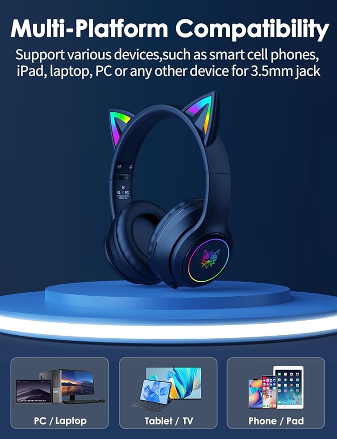 Cat Ear Bluetooth Headphones for Kids & Adults, 55H Play Time, Wireless Foldable & Wired Multi-Function LED Light Up Over Ear Headphones with Mic and Volume Control for iPhone/iPad/Laptop/PC