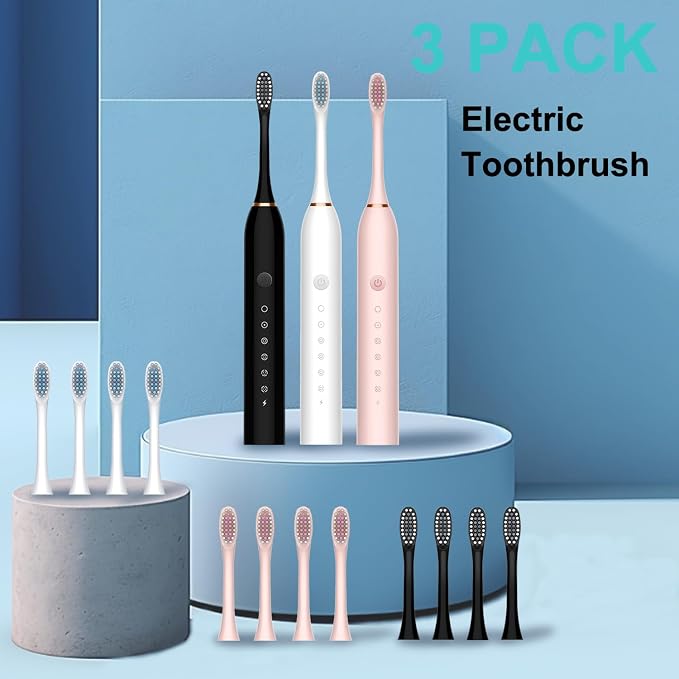 3 Pack Electric Toothbrush for Adults,6 Mode Rechargeable Electric Toothbrushes with 12 Replacement Brush Head, Fast Charge 2 Min and 30s Timer for Travel Business