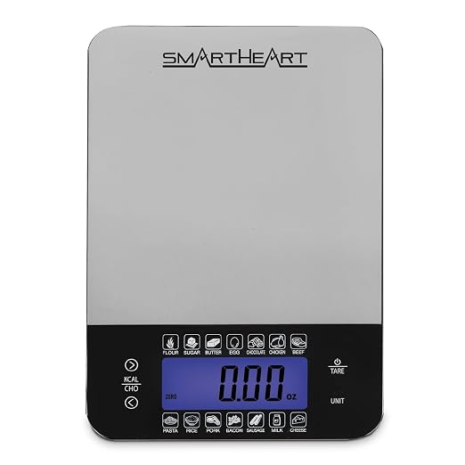 SmartHeart Premium Stainless Steel Digital Food Scale | Kitchen Scale for Meal Prep & Baking, Calorie & Carb Counter, 14 Foods, Tare, 11 lb, g/oz/lb/ml, Backlit LCD
