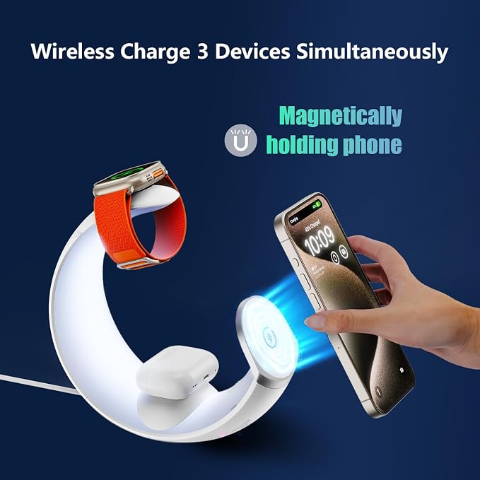 3 in 1 Charging Station for Apple Magnetic Wireless Charger for iPhone 16 15 14 13 12 11 9 8 All Series with RGB Night Light & for Apple Watch Charger & for AirPods 4 with ANC/3/2/Pro