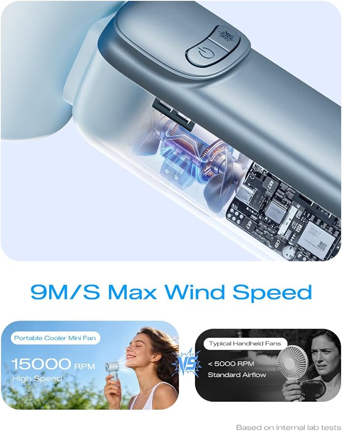 MAGIC JOHN Portable Handheld Turbo Fan with Ice Cooling, Rechargeable Personal Fan, 199 Speed Powerful Portable Fan for Travel, Outdoor, Camping, Hiking, Blue