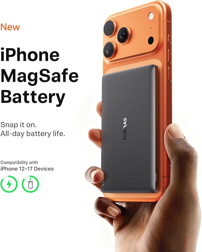 TORRAS MiniMag 5000mAh Magnetic Power Bank, Ultra-Slim 0.3in MagSafe-Compatible Wireless Charger, 18W USB-C Fast Charging Battery Pack for Daily Commute & EDC, Fits iPhone 17/16/15/14/13/12, Gray