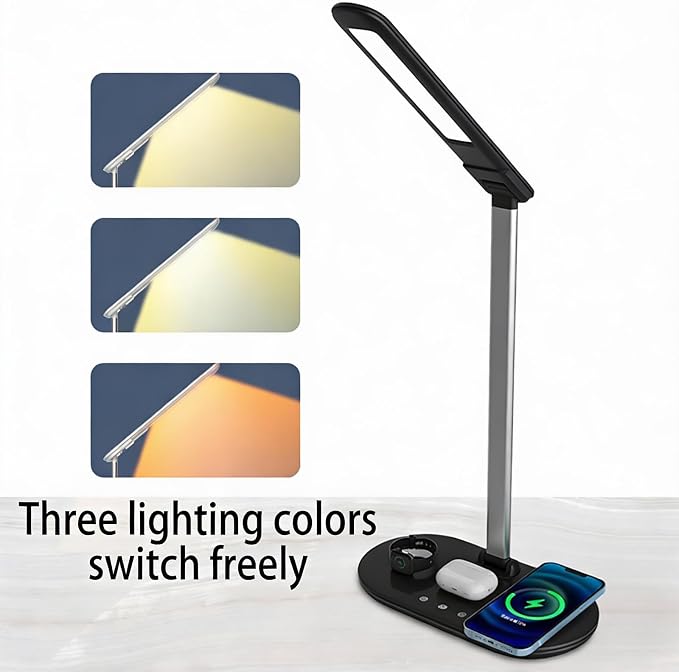 3-in-1 Wireless Charging Desk Lamp for Office&Home-15W Fast Qi Charger for Phone,Watch, AirPods,Adjustable Color&Brightness,Wide Angle Lighting,Touch Control,HYT2096 Black.