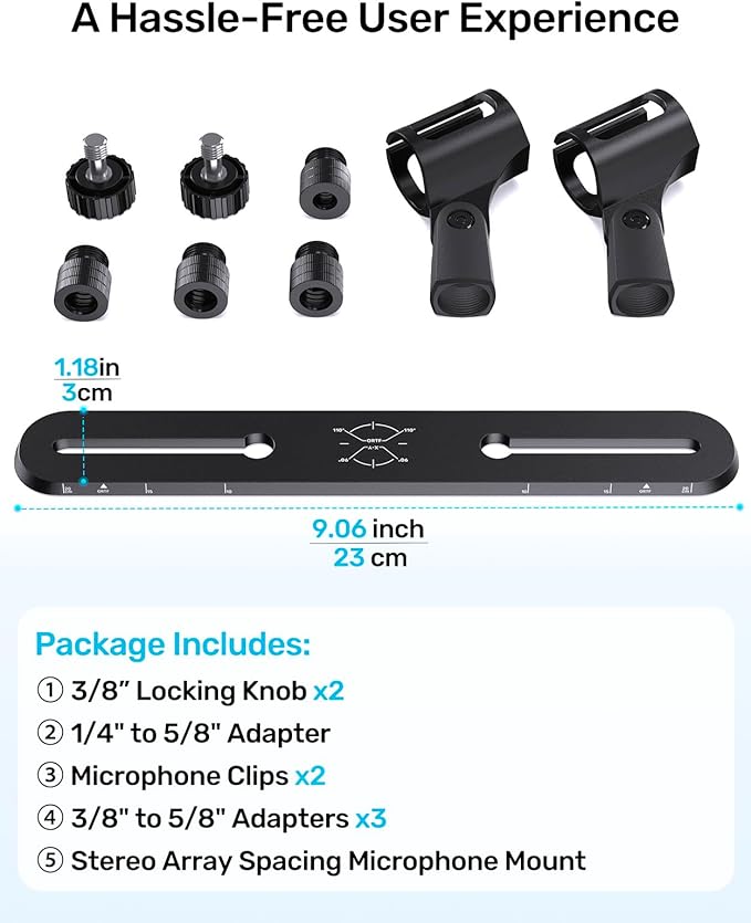 Stereo Array Spacing Mic Bar Mount, Aluminum Dual Microphone Holder with Ruled Markings & Adjustable Positioning, Fits 5/8", 3/8" & 1/4" Stands, Ideal for XY/ORTF Recording, Studio, Podcasting