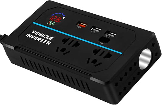 200W Power Inverter, 7-in-1 DC 12V to 110V AC Car Plug Adapter Outlets Converter with 30W PD3.0 & 4 USB Ports,Dual AC Outlet and 10A Cigarette Lighter Splitter, Car Charger for Laptop Vehicles Camping