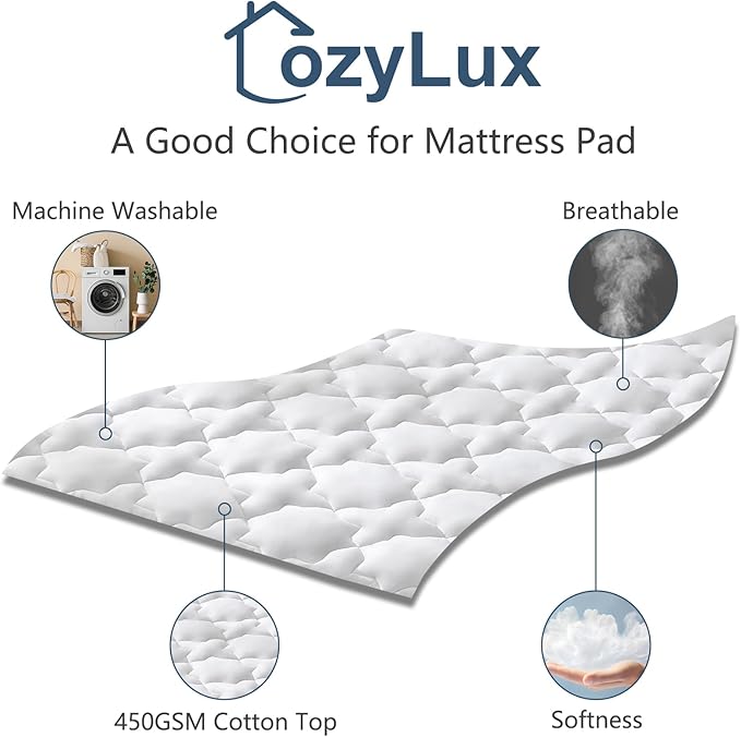 CozyLux Twin Mattress Pad - Cotton Twin Mattress Topper - Fits up to 8-21" Thick Mattresses, 450GSM Quilted Fitted Breathable Soft Mattress Cover, Cooling Mattress Protector (39"x75", White)