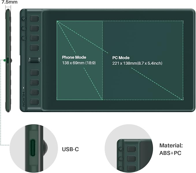 HUION Inspiroy 2 Medium Drawing Tablet with Scroll Wheel 8 Customized Keys Battery-Free Stylus for Digital Art, Design, Sketch, 9x5inch Graphics Tablet Works with Mac, PC & Mobile, Green
